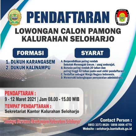 DIBUKA PENERIMAN PAMONG KALURAHAN SELOHARJO FORMASI DUKUH KALINAMPU DAN KARANGASEM