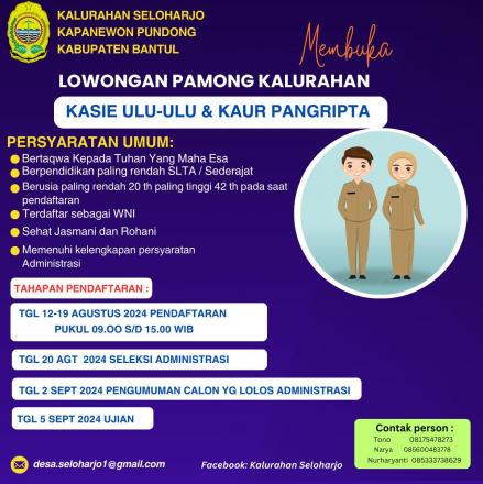 Pengumuman Lowongan Pamong Dan Staf Honorer Kalurahan Seloharjo 2024